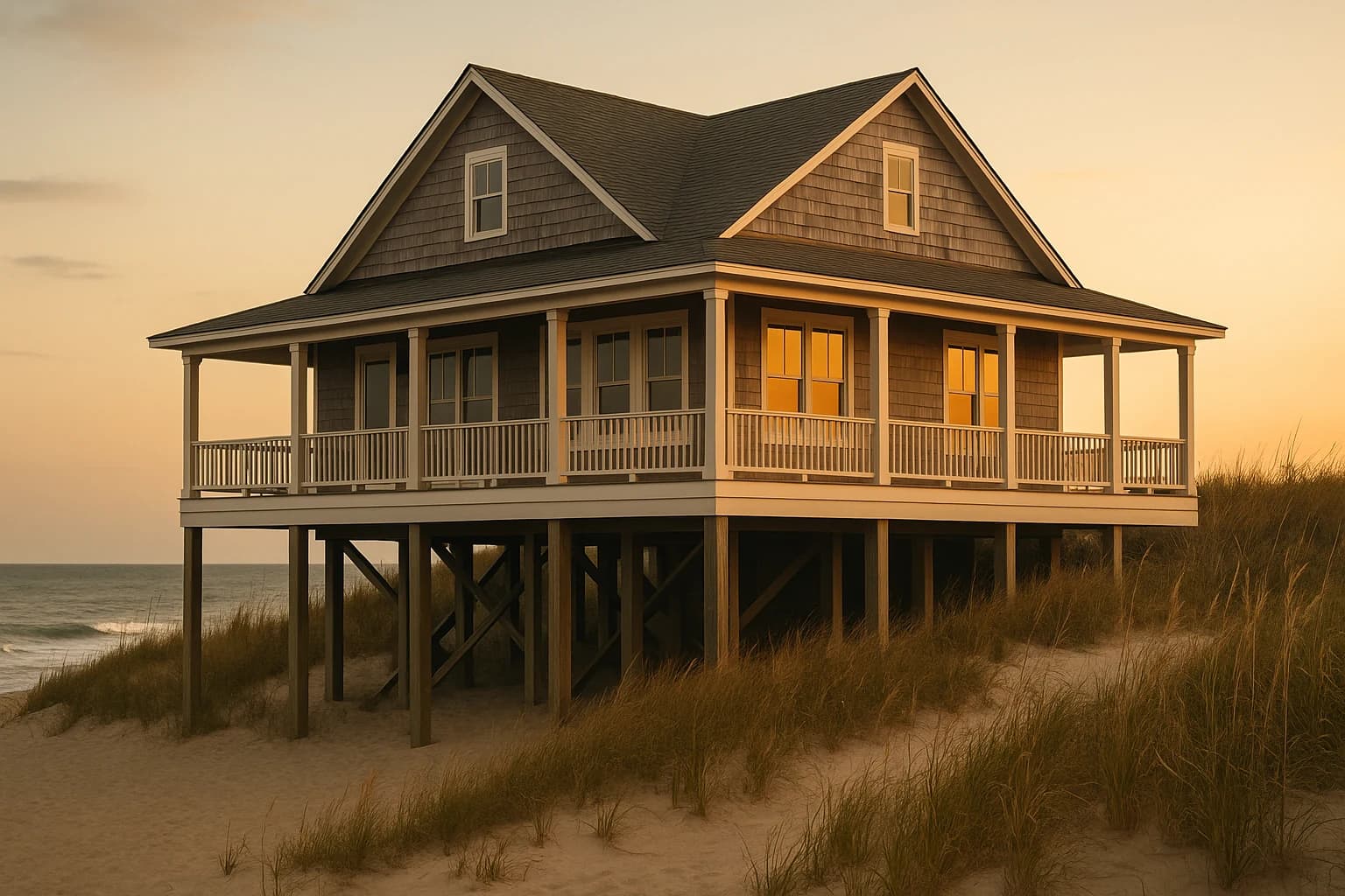 Design concept — an elevated custom coastal home at sunset, similar to the homes we build in Sneads Ferry