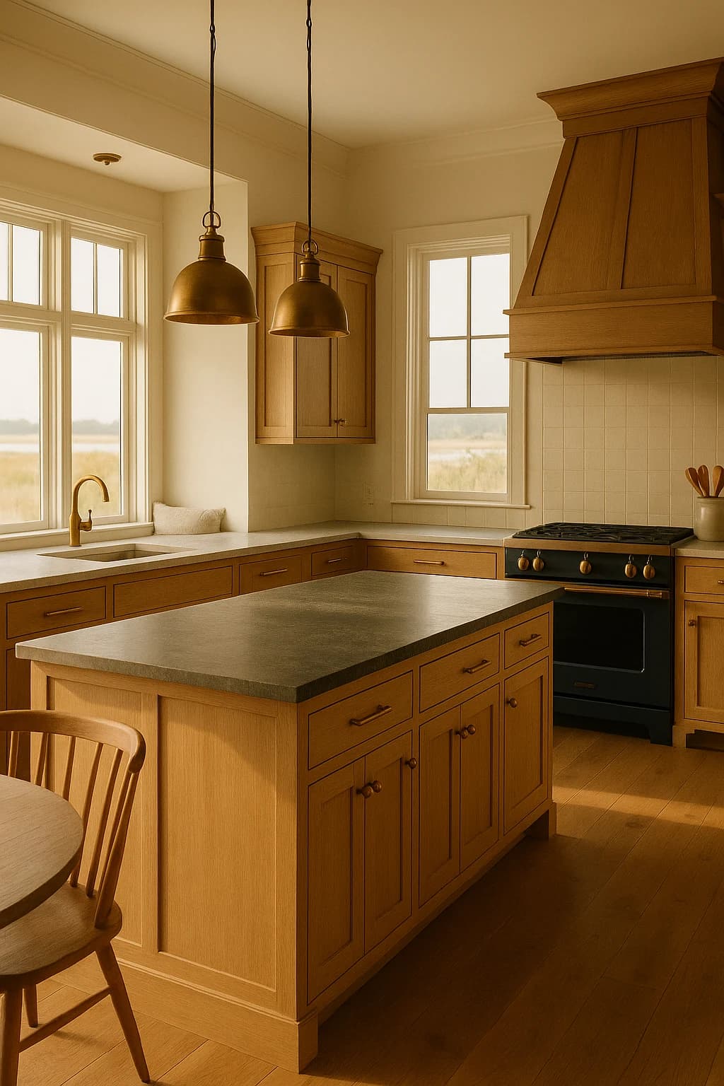 Concept rendering — coastal kitchen with rift-sawn oak, honed soapstone, and antique brass