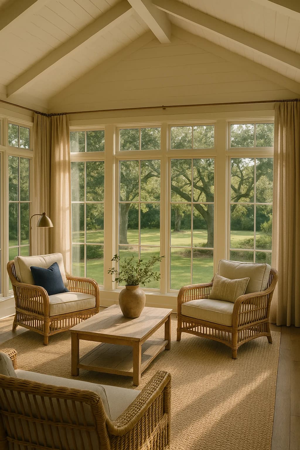 Design concept — finished four-season sunroom addition with Andersen windows and vaulted ceiling