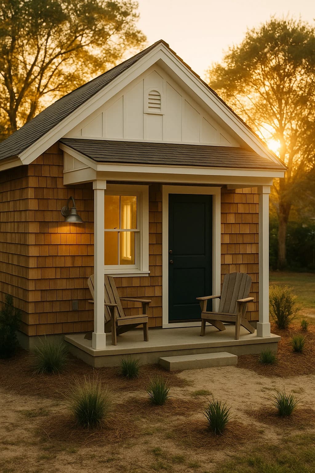 Design concept — detached backyard cottage ADU with cedar shake and board-and-batten siding at golden hour