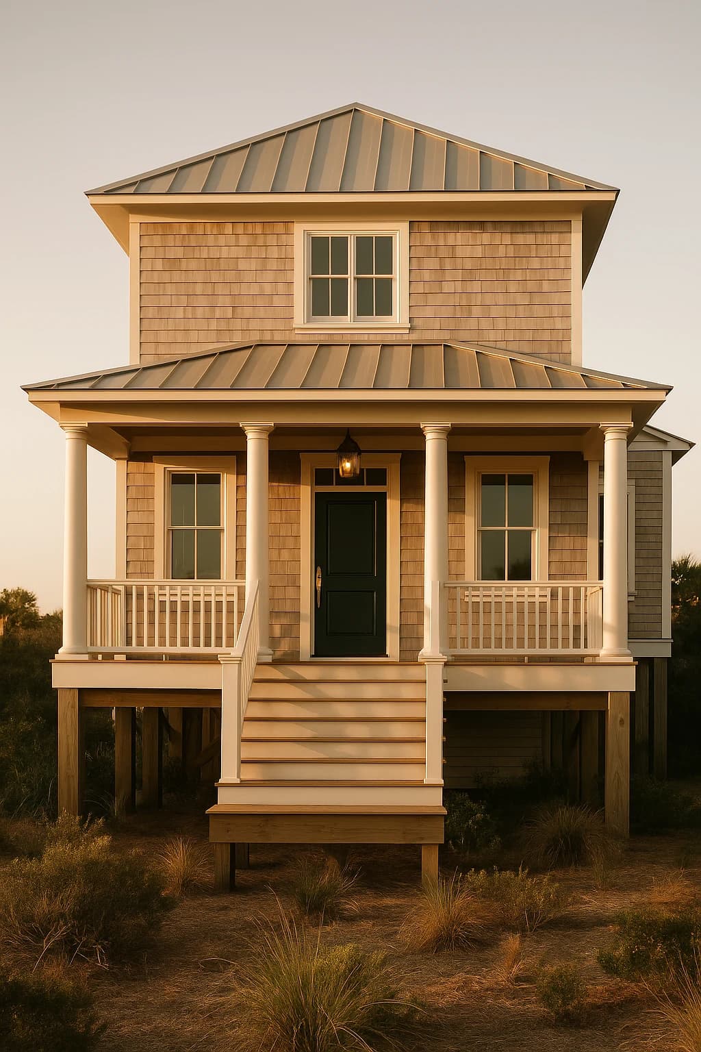 Design concept — elevated coastal custom home with cedar shake and pilings