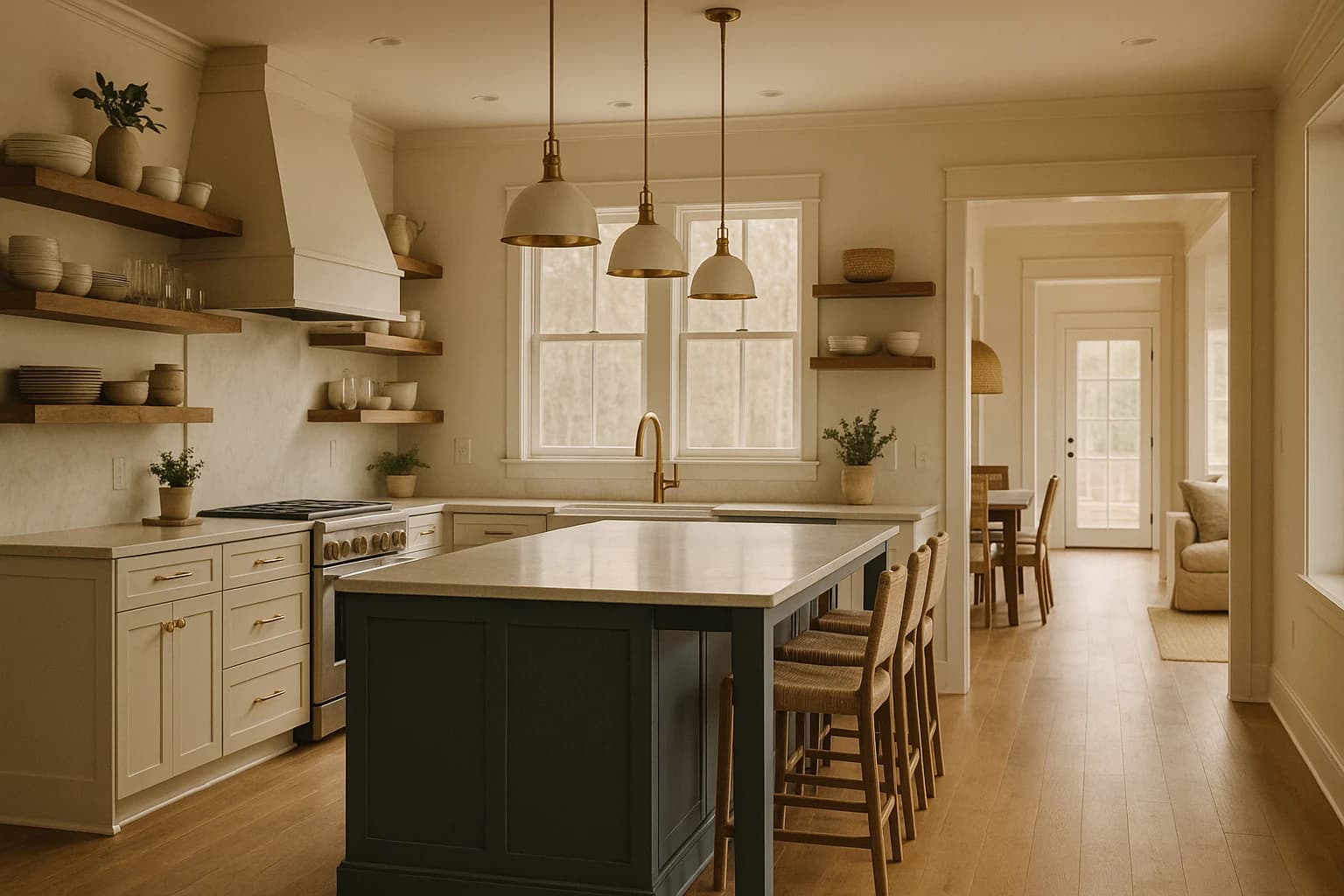 Design concept — a full kitchen reveal with island and pendant lighting, similar to the kitchens we build